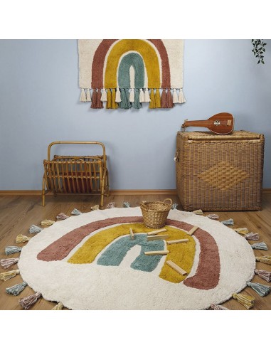 Tapis enfant coton lavable arc en ciel avec pompons RAINBOW