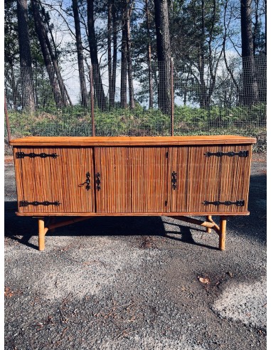 Console enfilade vintage en rotin et bambou fendus par Adrien Audoux & Frida Minet - 1950