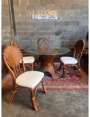 Ensemble table et chaises vintages en rotin Maugrion et Vivai del Sud par Roche Bobois - Années 80